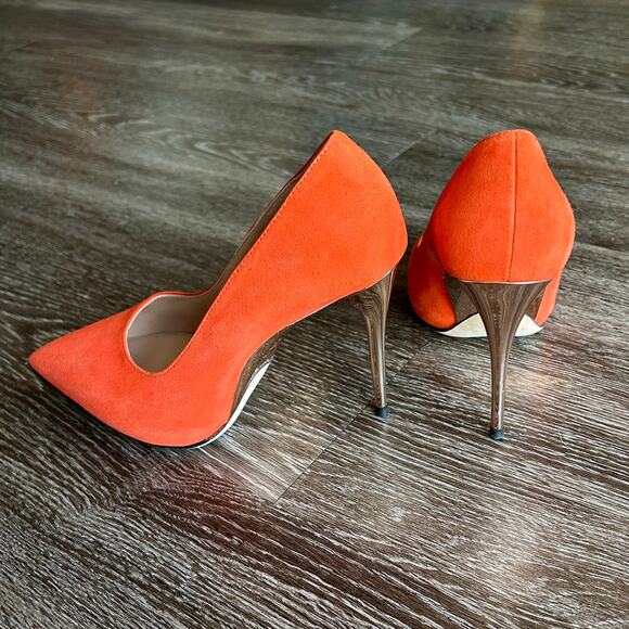 EUC Enrico Cuini Farah Tangerine Suede Pumps 35.5 C Rose Gold Heel ALIA Tech 4in - Picture 15 of 16